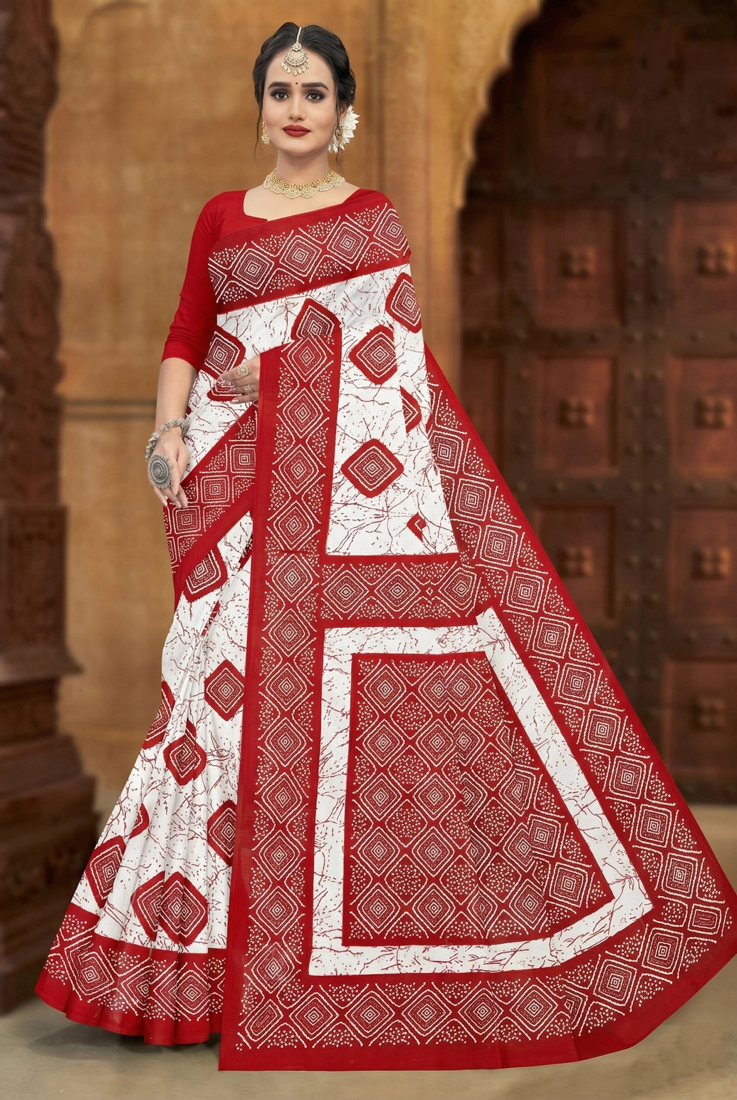 Red Velvet Pure Cotton printed saree, blouse not included, pure cotton fabric - White