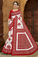 Red Velvet Pure Cotton printed saree, blouse not included, pure cotton fabric - White