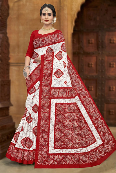 Red Velvet Pure Cotton printed saree, blouse not included, pure cotton fabric - White