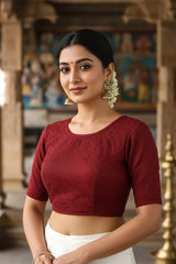Maroon Designer Readymade Stretchable Blouse with Gold-Tone Back Beadwork, Elbow Sleeves, Fully Stitched - Maroon