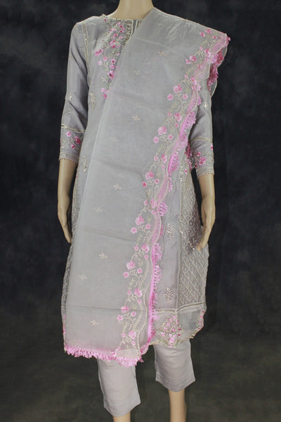 Light Grey Organza Kurti with Pink Khatli Work & Border Dupatta, Roman Silk Bottom 3-Piece Salwar Set - Light Grey