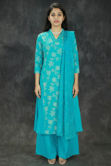 Aqua Blue Cotton 3-Piece Kurti Set with V Neck Aari Mirror Work, Elastic Pant and Chiffon Dupatta