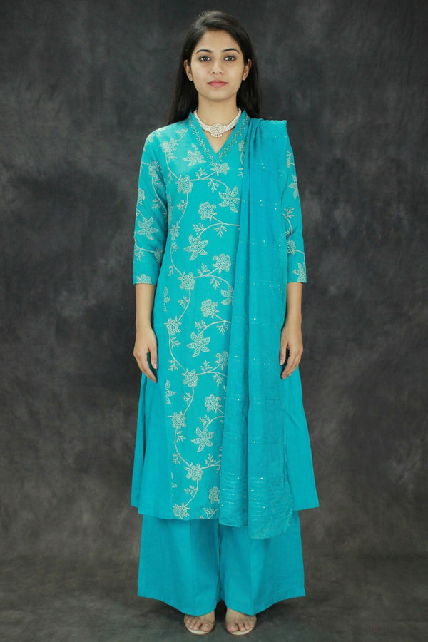 Aqua Blue Cotton 3-Piece Kurti Set with V Neck Aari Mirror Work, Elastic Pant and Chiffon Dupatta