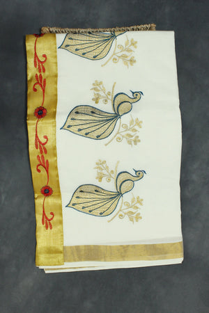Kerala Cotton White Saree with Gold Zari Peacock Embroidery and Blouse Piece