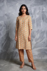 Orange Rayon 2-Piece Kurti Set with Elastic Pant, Geometric Capsule Print - Orange