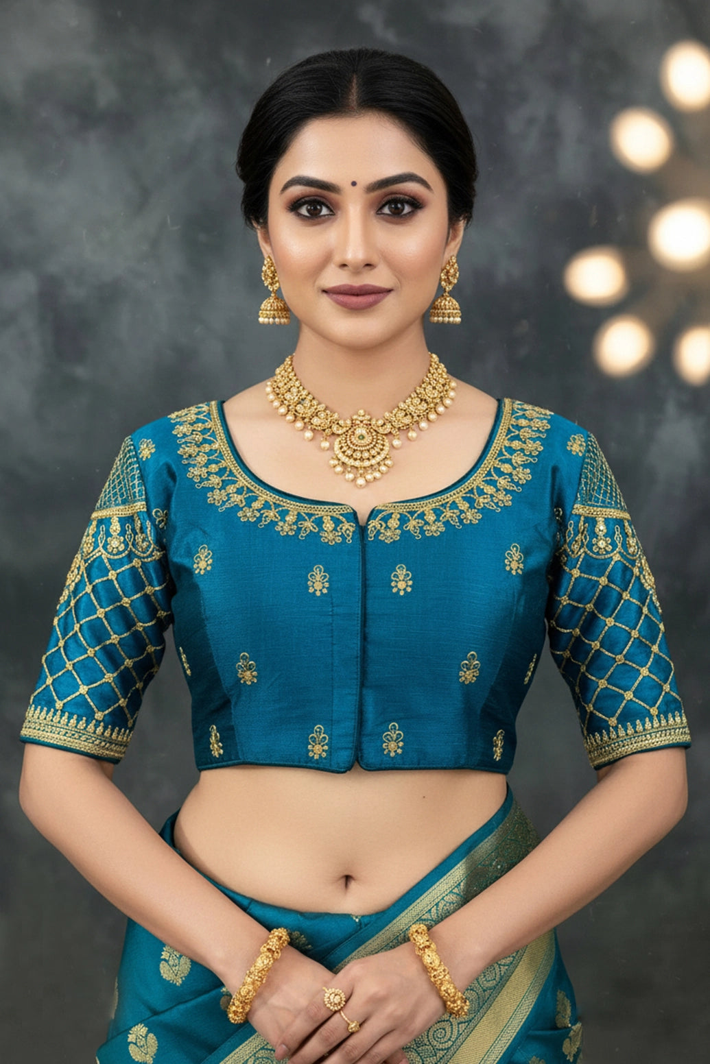 Teal Blue Designer Padded Blouse with Golden Zari Embroidery, Elbow Sleeves & Back Knot for Women - Teal Blue