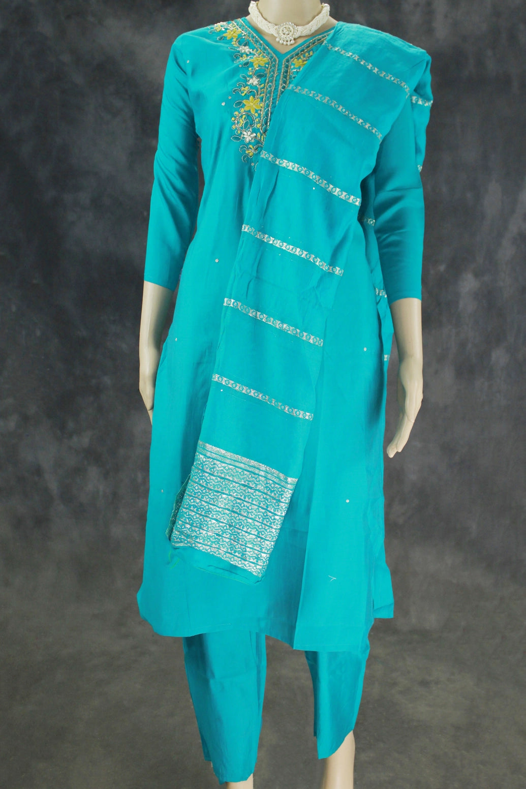 Teal Blue Roman Silk 3-Piece Kurta Set with Embroidered V-Neck and Dupatta