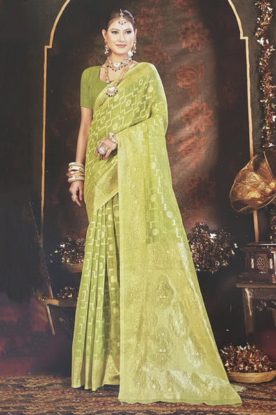 Pista Green Candy Crush Cotton Saree with Blouse, Light Weight Weaving Pattern for Daily Wear & Festive Outfits - Pista Green