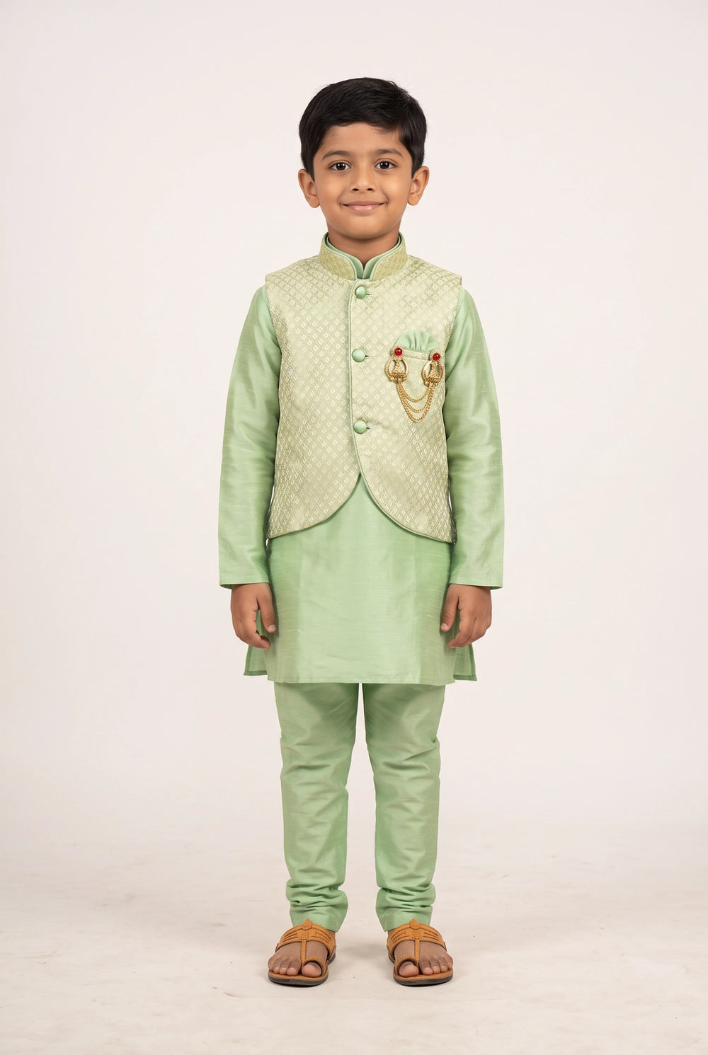 Boys Pista Green Koti Kurta Set with Printed Nehru Jacket, Matching Pants & Brooch, 3-Piece Traditional Outfit - Pista Green