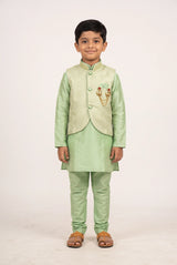 Boys Pista Green Koti Kurta Set with Printed Nehru Jacket, Matching Pants & Brooch, 3-Piece Traditional Outfit - Pista Green