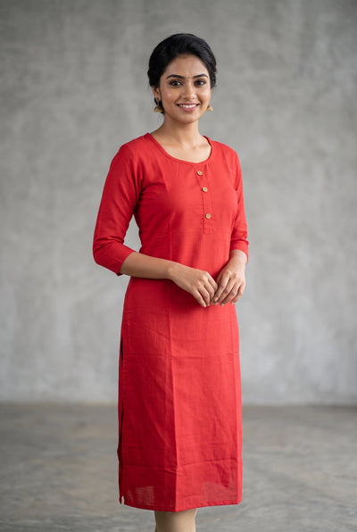 Red Two-Tone Printed Straight Kurti with Round Neck, 3/4 Sleeves and Front Button Detail - Red