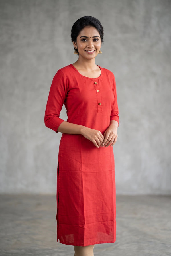Red Two-Tone Printed Straight Kurti with Round Neck, 3/4 Sleeves and Front Button Detail - Red