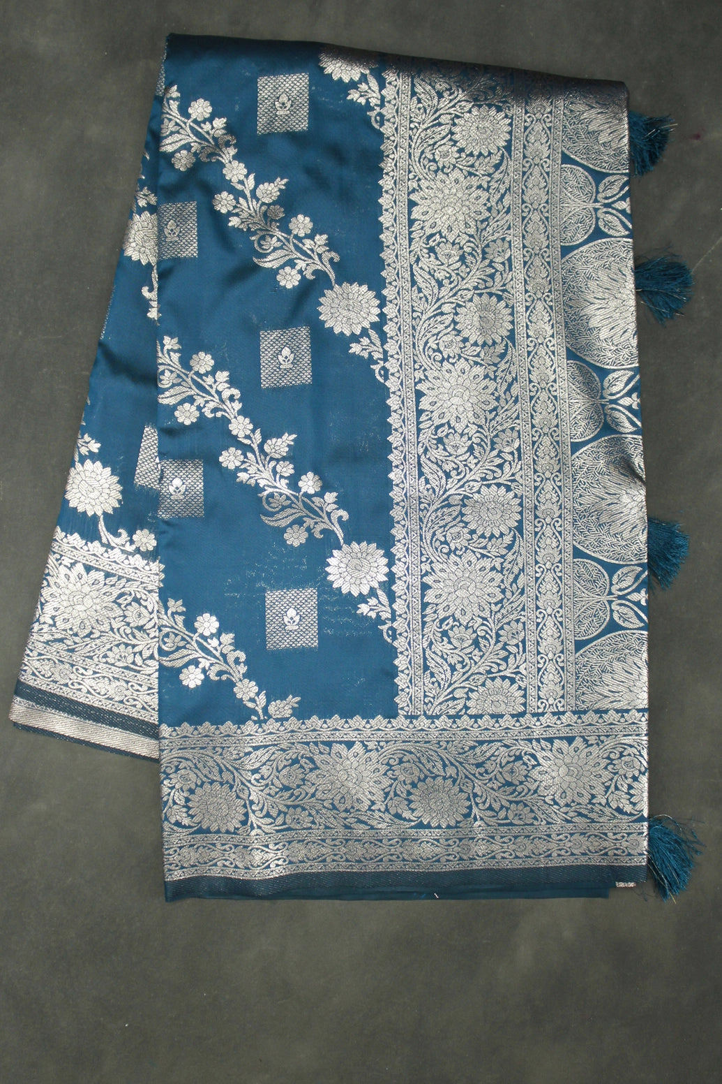 Blue Banarasi Soft Silk Saree with Zari Floral Motifs Border and Opulent Pallu Tassels - Blue