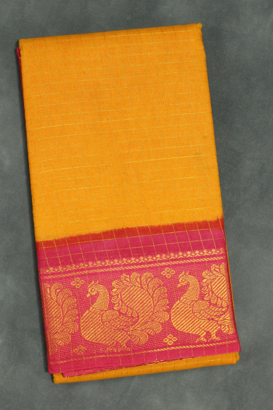 Sungudi Cotton Checked Saree in Yellow with Peacock Gold-Tone Zari Double Border Saree JCS Fashions Yellow 5.5 meters