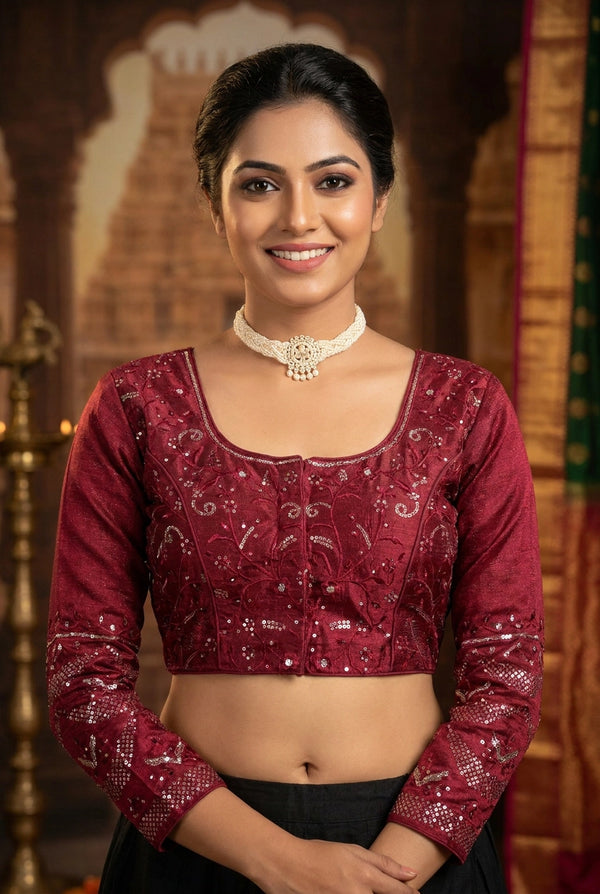 Maroon Sequence Padded Readymade Blouse, Fully Stitched Full Sleeve with Back Knot, Party Wear for Women - Maroon