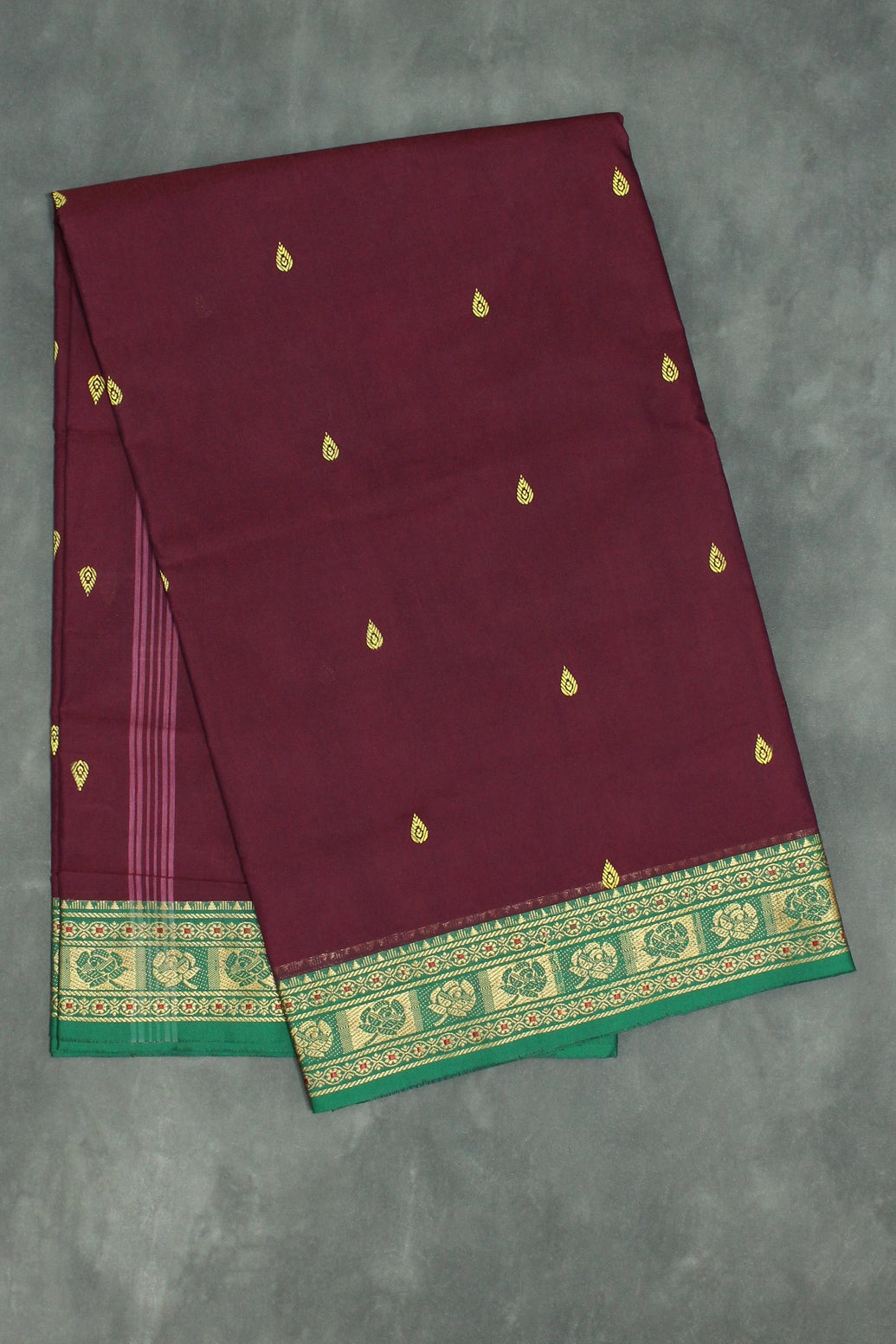 Dark Purple Poly Cotton Butta Saree with Green Thread Border Saree JCS Fashions Dark Purple 5.5 meters