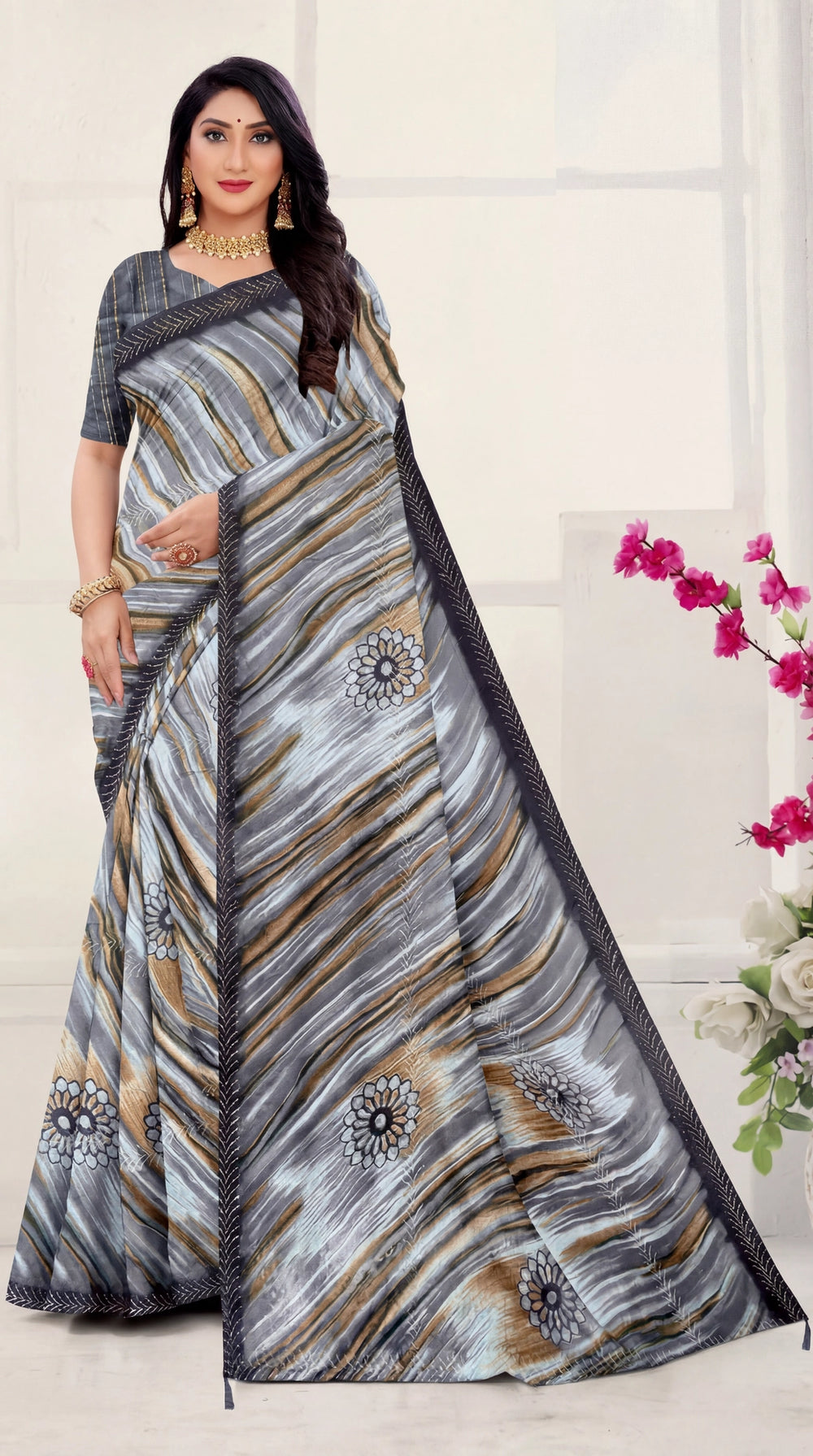 Navy Blue Georgette Saree with Printed Sirosaki Striped Motifs and Contrast Border - Navy Blue