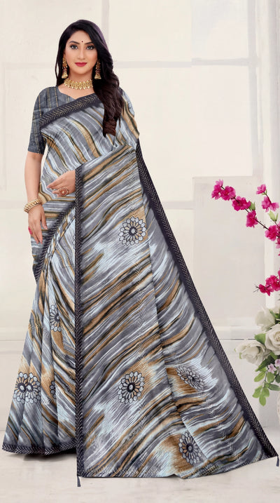 Navy Blue Georgette Saree with Printed Sirosaki Striped Motifs and Contrast Border - Navy Blue