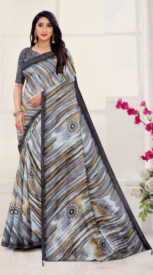 Navy Blue Georgette Saree with Printed Sirosaki Striped Motifs and Contrast Border