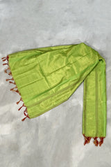 Parrot Green Ponnadai Poly Silk Jacquard Temple Shawl with Zari Pattern and Tassels | Traditional Function Dupatta - Parrot Green