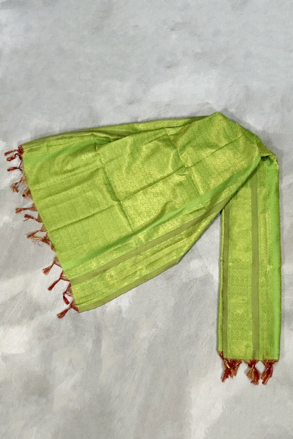 Parrot Green Ponnadai Poly Silk Jacquard Temple Shawl with Zari Pattern and Tassels | Traditional Function Dupatta - Parrot Green