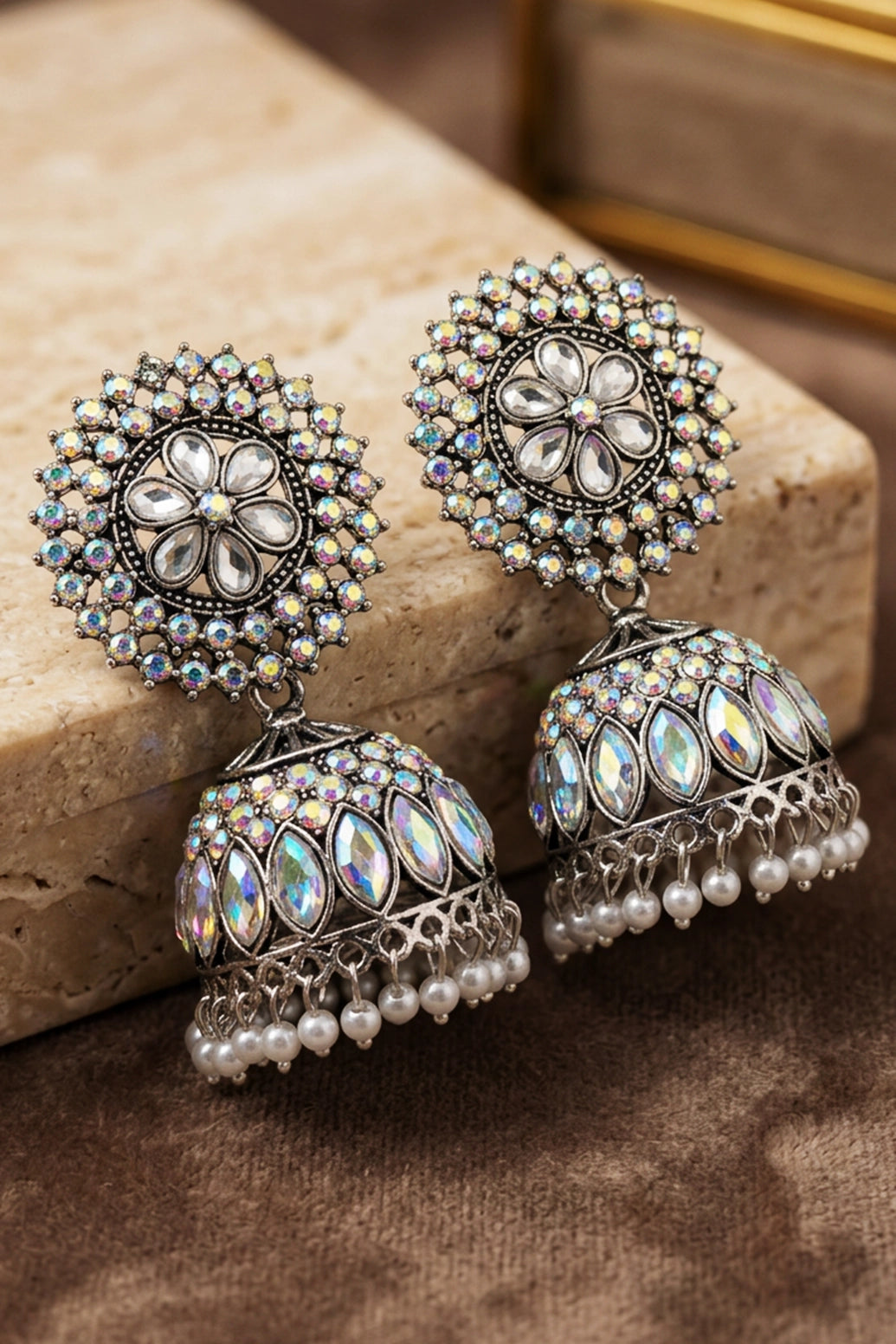 Oxidized Silver-Tone Jhumka Earrings with Multicolor Stone Work and White Pearl Drops - Black silver