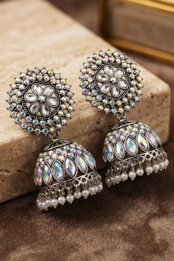 Oxidized Silver-Tone Jhumka Earrings with Multicolor Stone Work and White Pearl Drops - Black silver