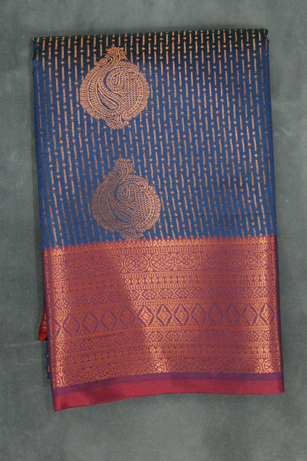 Navy Blue Bridal Pattu Saree with Full Body Zari Work and Traditional Border, Semi Silk - Navy Blue