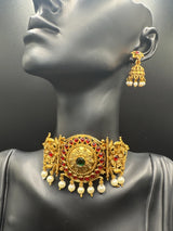Gold-Tone Temple Choker Necklace Set with Red & Green Stones and Pearl Drops Jewelry JCS Fashions Red & Green 4 inch