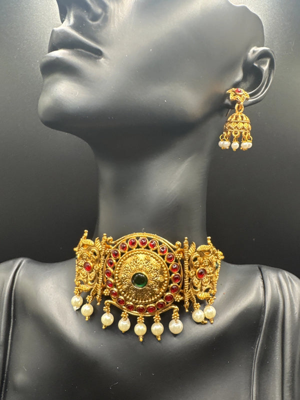Gold-Tone Temple Choker Necklace Set with Red & Green Stones and Pearl Drops Jewelry JCS Fashions Red & Green 4 inch