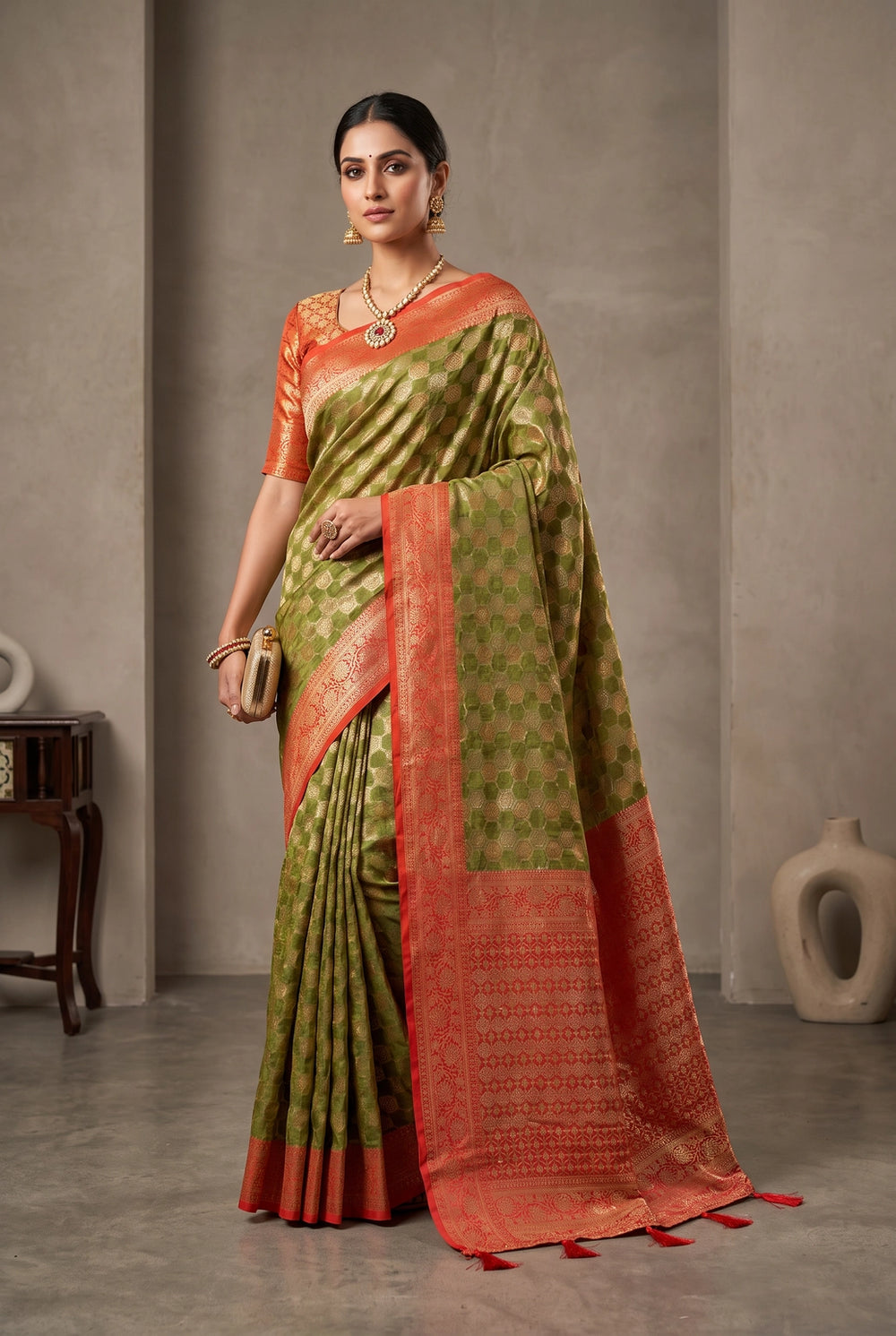 Mehendi Green Cotton Organza Designer Saree with Stone Work & Floral Pallu, Fancy Pattern Saree with Blouse - Mehendi Green