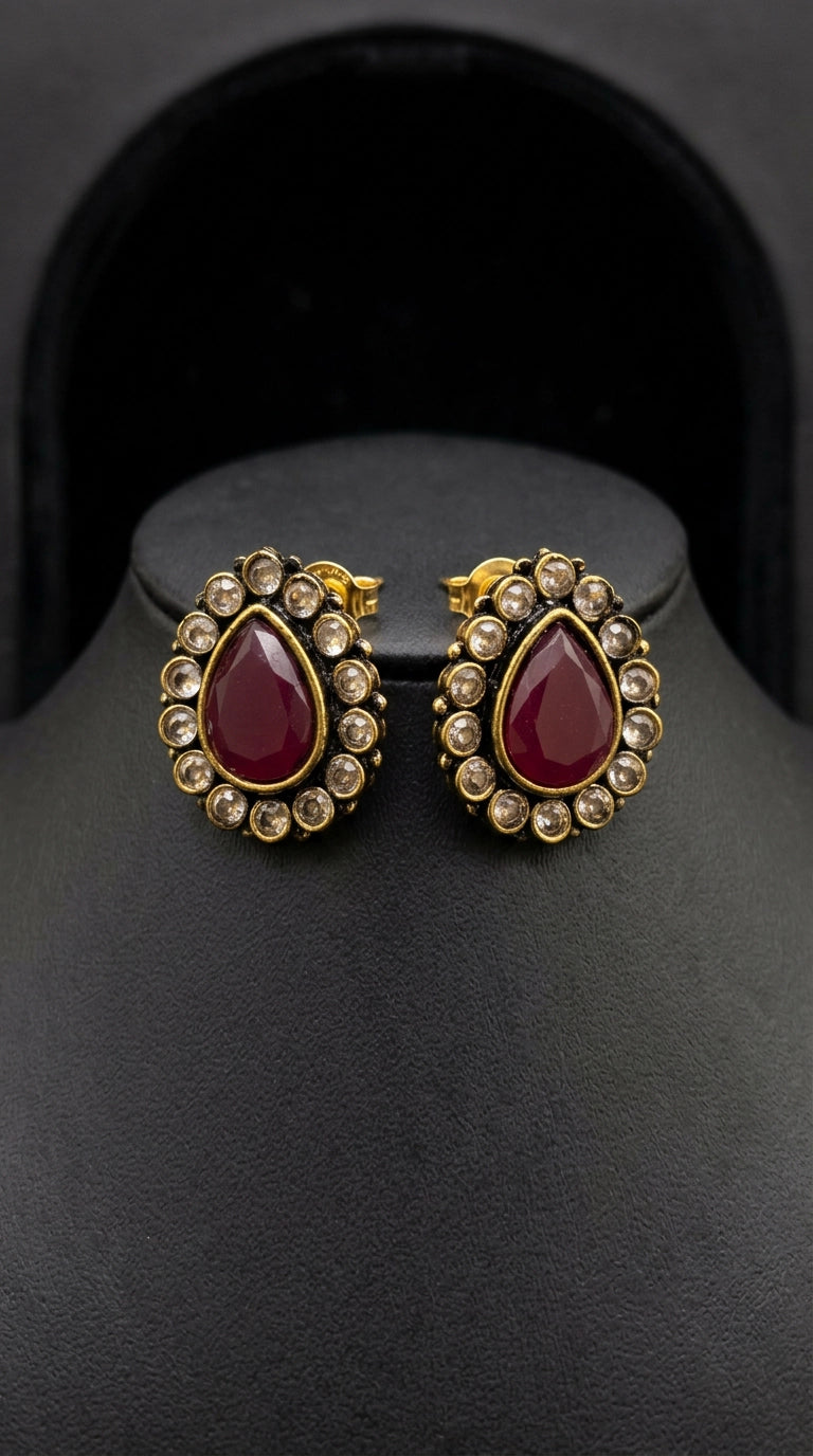 Red Teardrop Stud Earrings With Gold-Tone Halo And Clear Crystal Accents For Festive Wear - Red