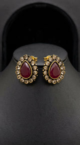Red Teardrop Stud Earrings With Gold-Tone Halo And Clear Crystal Accents For Festive Wear - Red