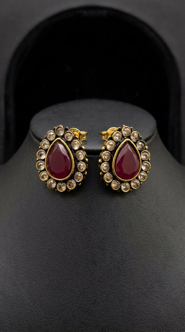 Red Teardrop Stud Earrings With Gold-Tone Halo And Clear Crystal Accents For Festive Wear - Red