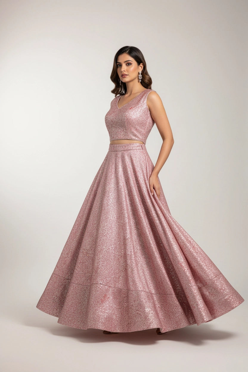 Light Pink Jacquard Silk Lehenga with Sleeveless Matching Blouse and Zari Woven Pattern - Light Pink