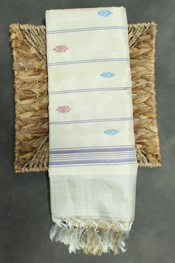 Peacock Blue & Cream Vaazhai Naar (Banana Pith) Saree with Zari Border and Butta - Peacock blue & Cream