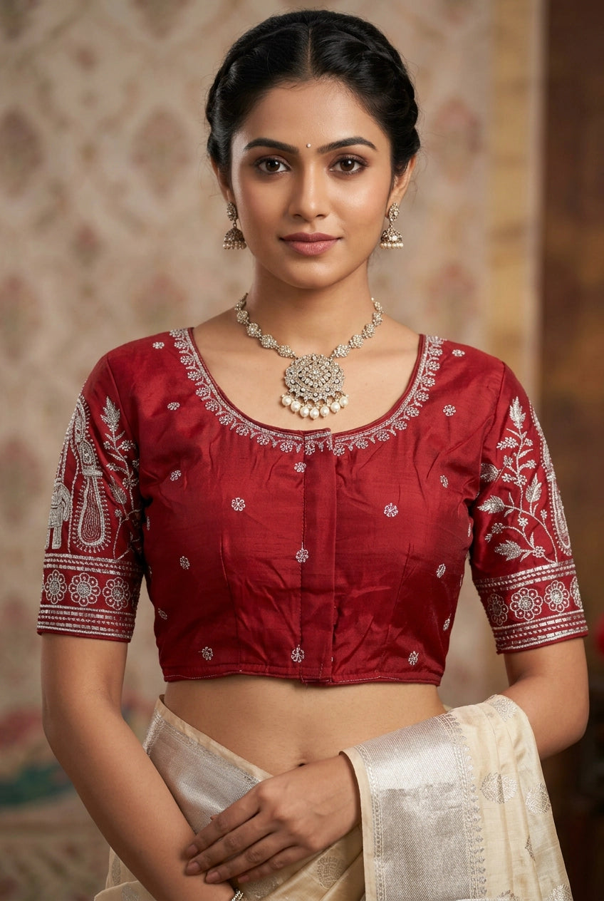 Maroon Designer Padded Blouse with Embroidery Silk Finish, Elbow Sleeve, Fully Stitched for Women - Maroon