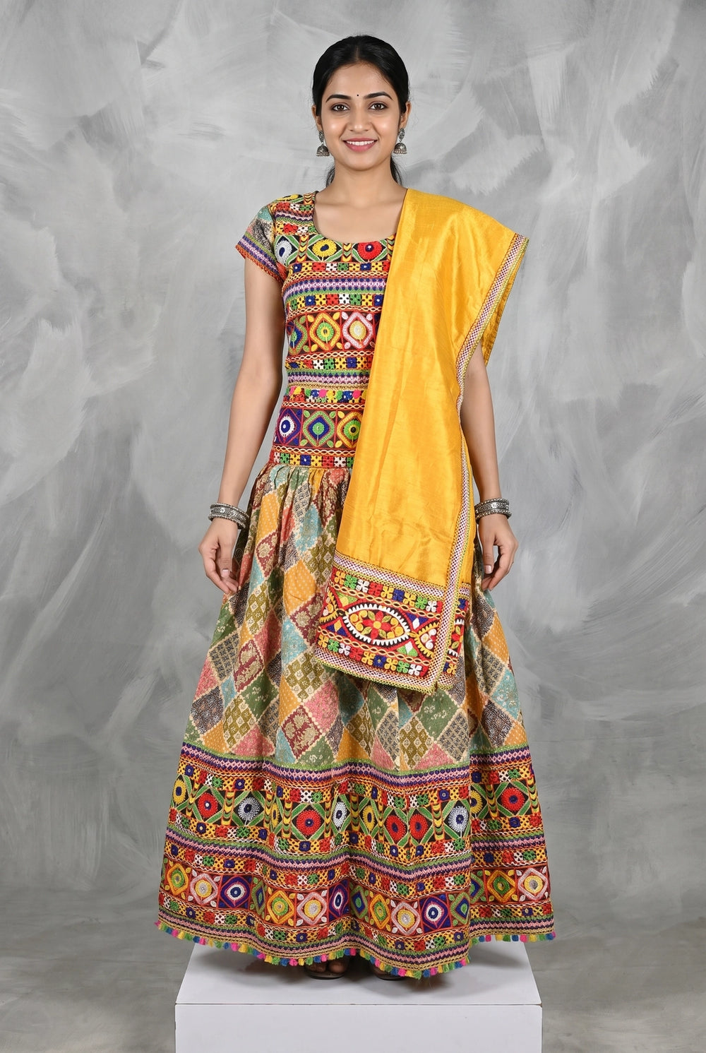 Designer Navratri Chaniya Choli with Camel Block Print and Mustard Dupatta, Multicolor Lehenga Choli Set - Multicolor & Orange