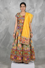 Designer Navratri Chaniya Choli with Camel Block Print and Mustard Dupatta, Multicolor Lehenga Choli Set - Multicolor & Orange