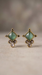 Mint Green Square Stone Stud Earrings with Gold-Tone Frame and Crystal Accents for Ethnic Wear - Mint Green