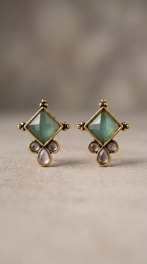 Mint Green Square Stone Stud Earrings with Gold-Tone Frame and Crystal Accents for Ethnic Wear - Mint Green