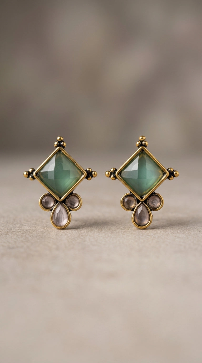 Mint Green Square Stone Stud Earrings with Gold-Tone Frame and Crystal Accents for Ethnic Wear - Mint Green