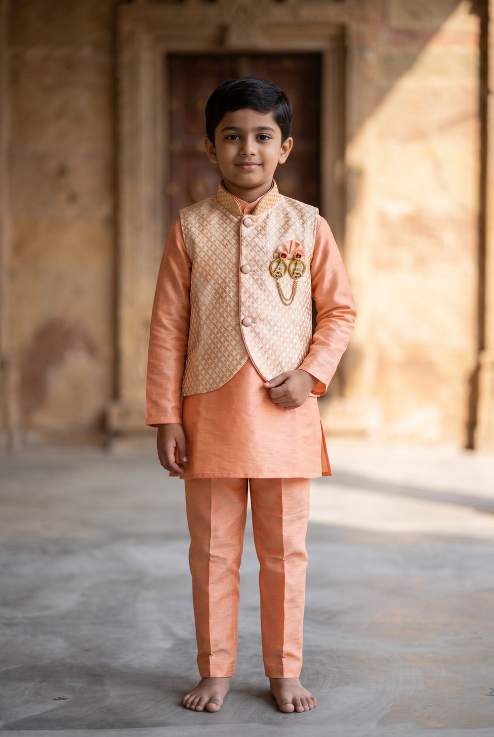 Peach Boys Koti Kurta Set with Printed Nehru Jacket, Cotton Kurta & Matching Pants, Decorative Brooch - Peach