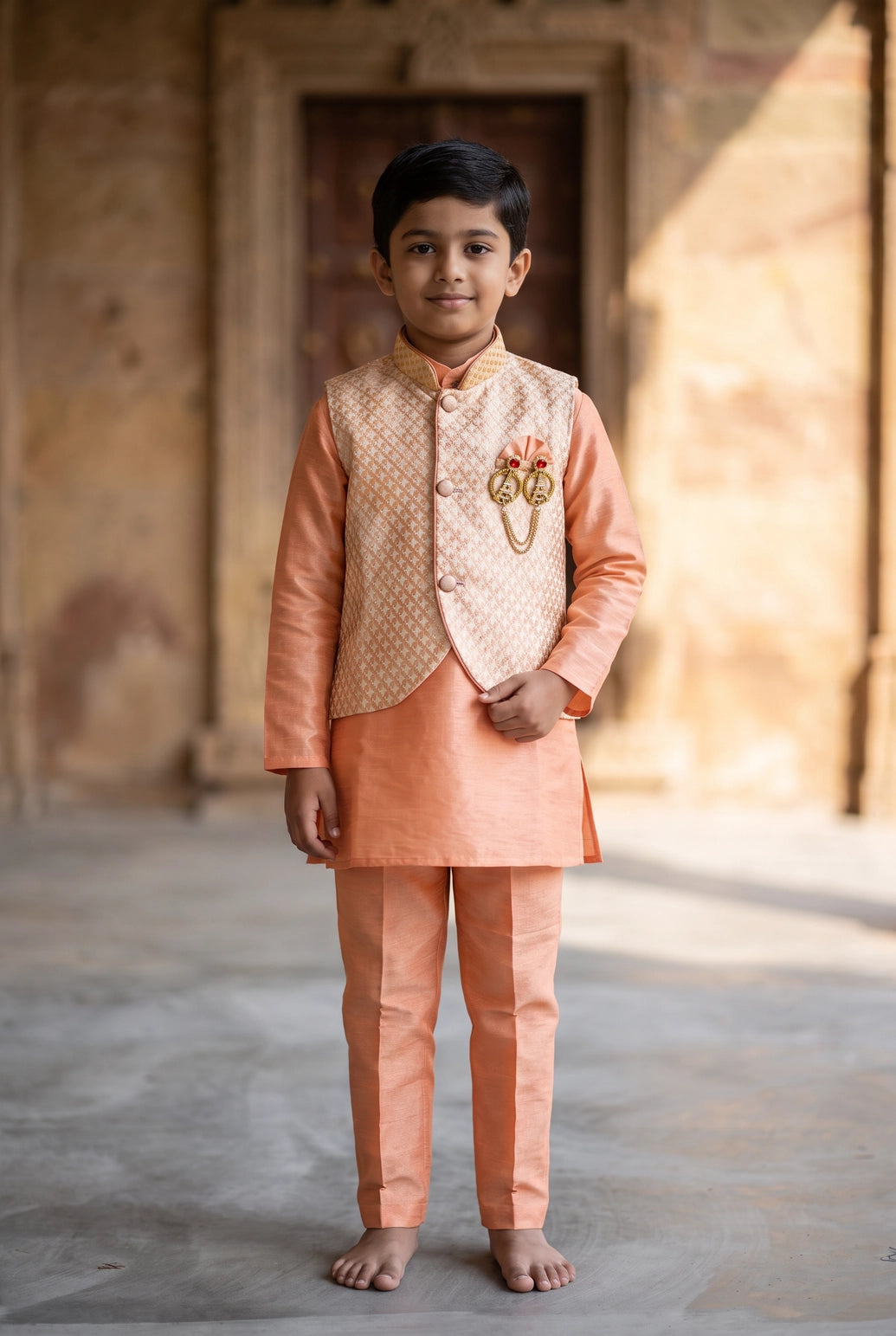 Peach Boys Koti Kurta Set with Printed Nehru Jacket, Cotton Kurta & Matching Pants, Decorative Brooch - Peach