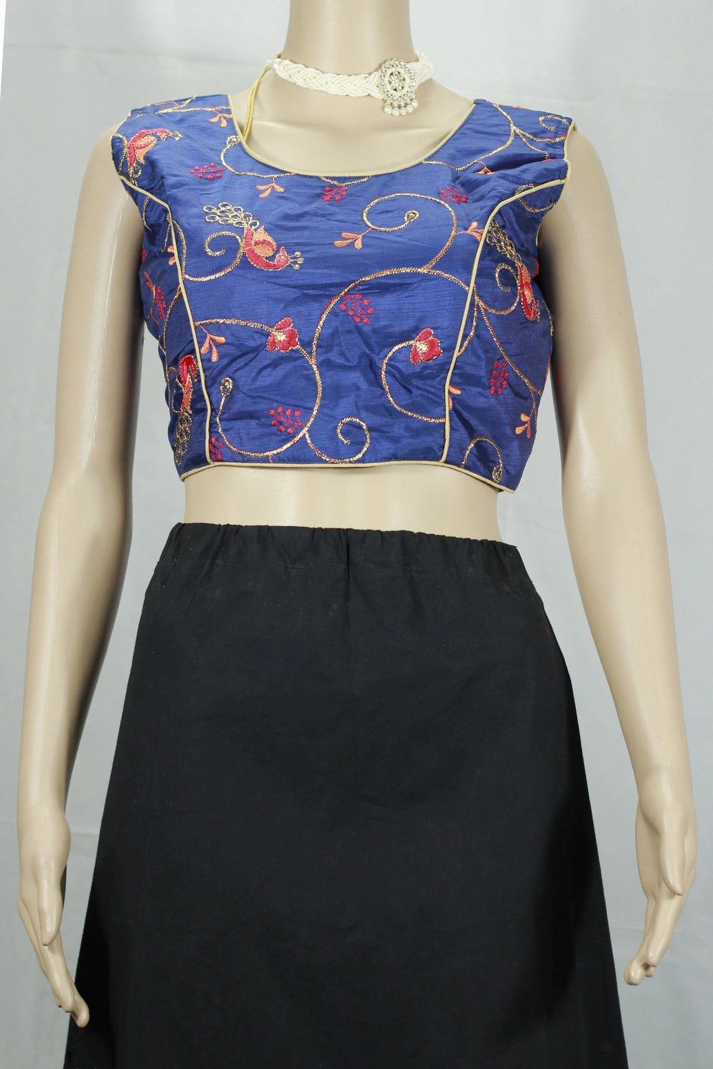 Readymade Designer Padded Blouse, Fully Stitched, Eye-catching abstract print with intricate thread detailing floral pattern, Sleeve less, b - Navy blue