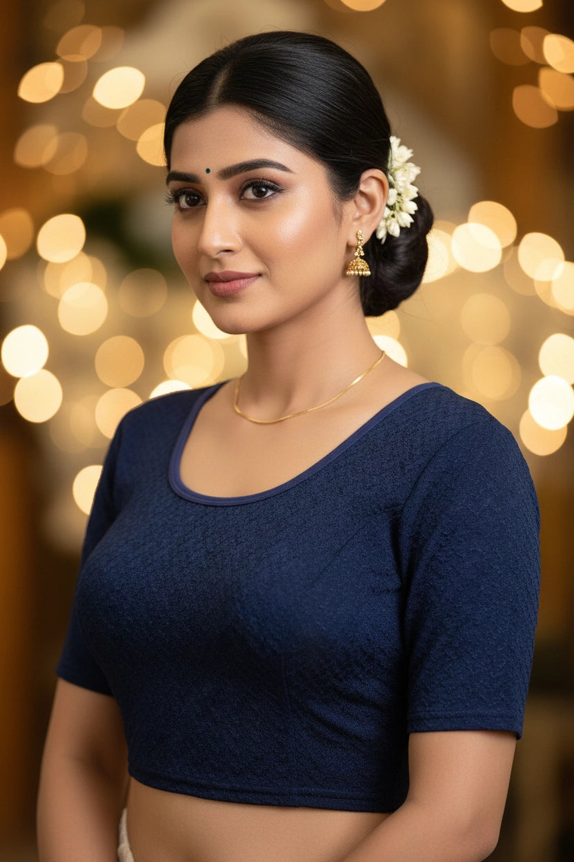 Navy Blue Stretchable Readymade Designer Blouse with Crisscross Back Straps, Elbow Sleeve, Plain Fit - Navy blue