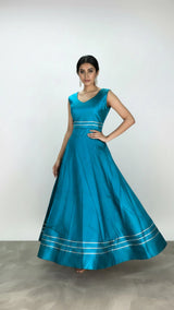 Sky Blue Silk Lehenga Set with Silver Stripe Border & Sleeveless High-Neck Blouse for Festive Wear - Sky  Blue