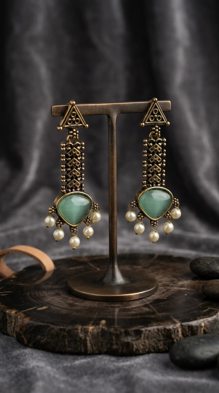 Gold-tone Traditional Drop Earrings with Teardrop Stone & Pearl Bead Tassels (Sea Blue/Mint/Black)