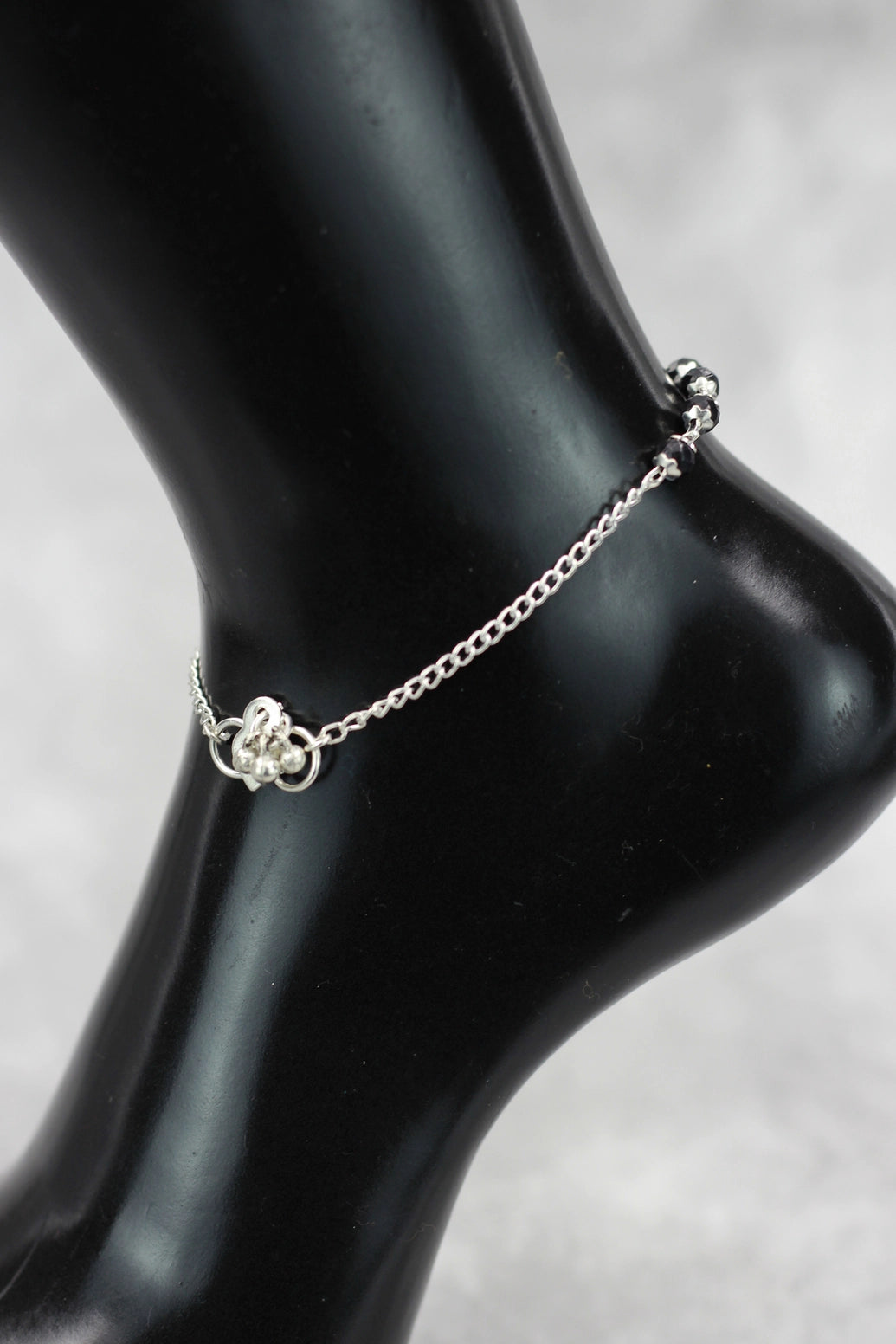 Silver-Plated Traditional Anklet with Black Beads and Flower Charm for Daily Wear and Festive Outfits - Silver