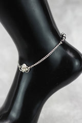 Silver-Plated Traditional Anklet with Black Beads and Flower Charm for Daily Wear and Festive Outfits - Silver